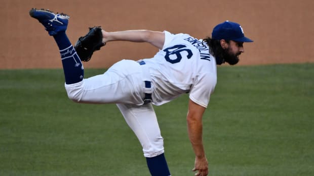 Sep 5, 2020; Los Angeles, California, USA; Los Angeles Dodgers starting pitcher Tony Gonsolin (46) follows through on a pitch in the first inning against the Colorado Rockies at Dodger Stadium. Mandatory Credit: Robert Hanashiro-USA TODAY Sports